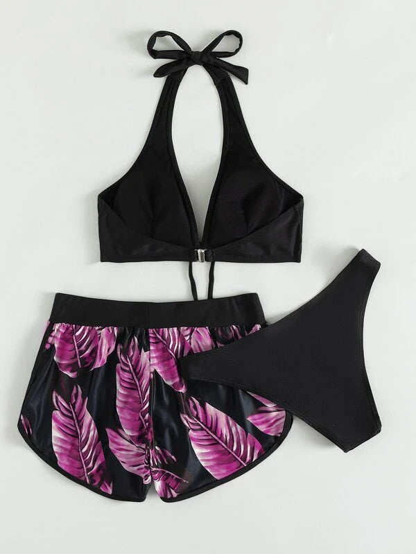 Trzyczęściowy Bikini z Halter Topem i Dopasowanymi Szortami