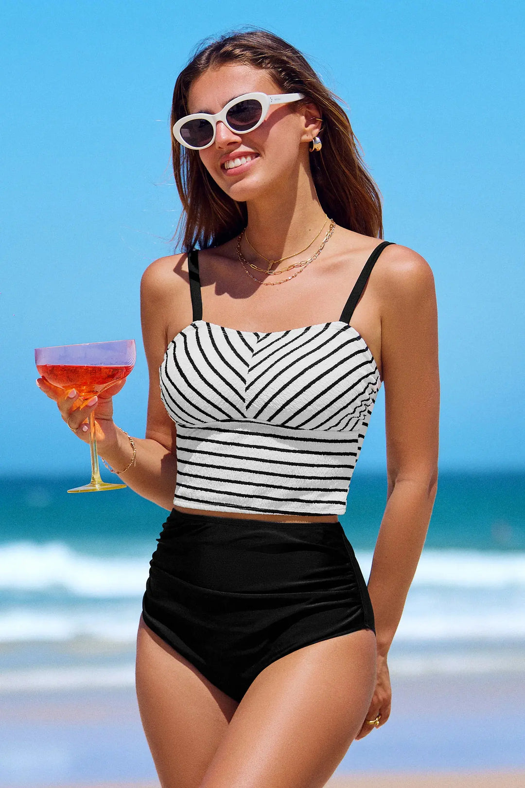Bikini Damskie z Wysokim Stanem – Paski Slim Fit