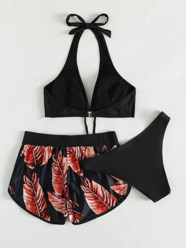 Trzyczęściowy Bikini z Halter Topem i Dopasowanymi Szortami