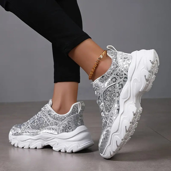 Chunky Sneakers W Srebrnym Wykończeniu z Brokatem i Grubą Podeszwą