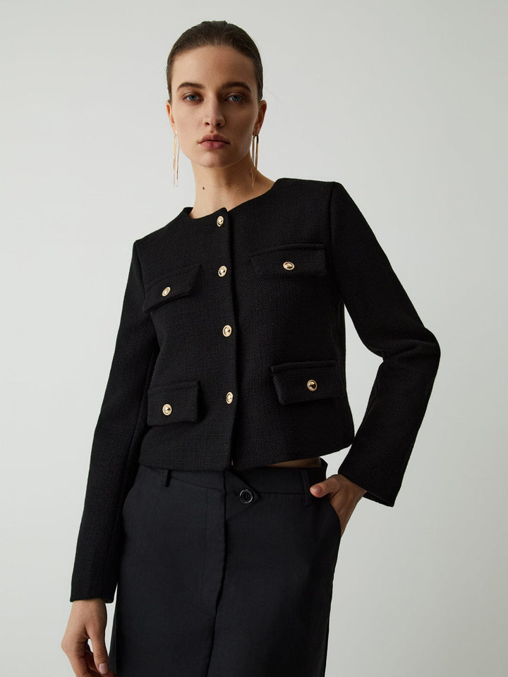 Kurtka Krótka Elegancka z Modnymi Guzikami i Kieszeniami
