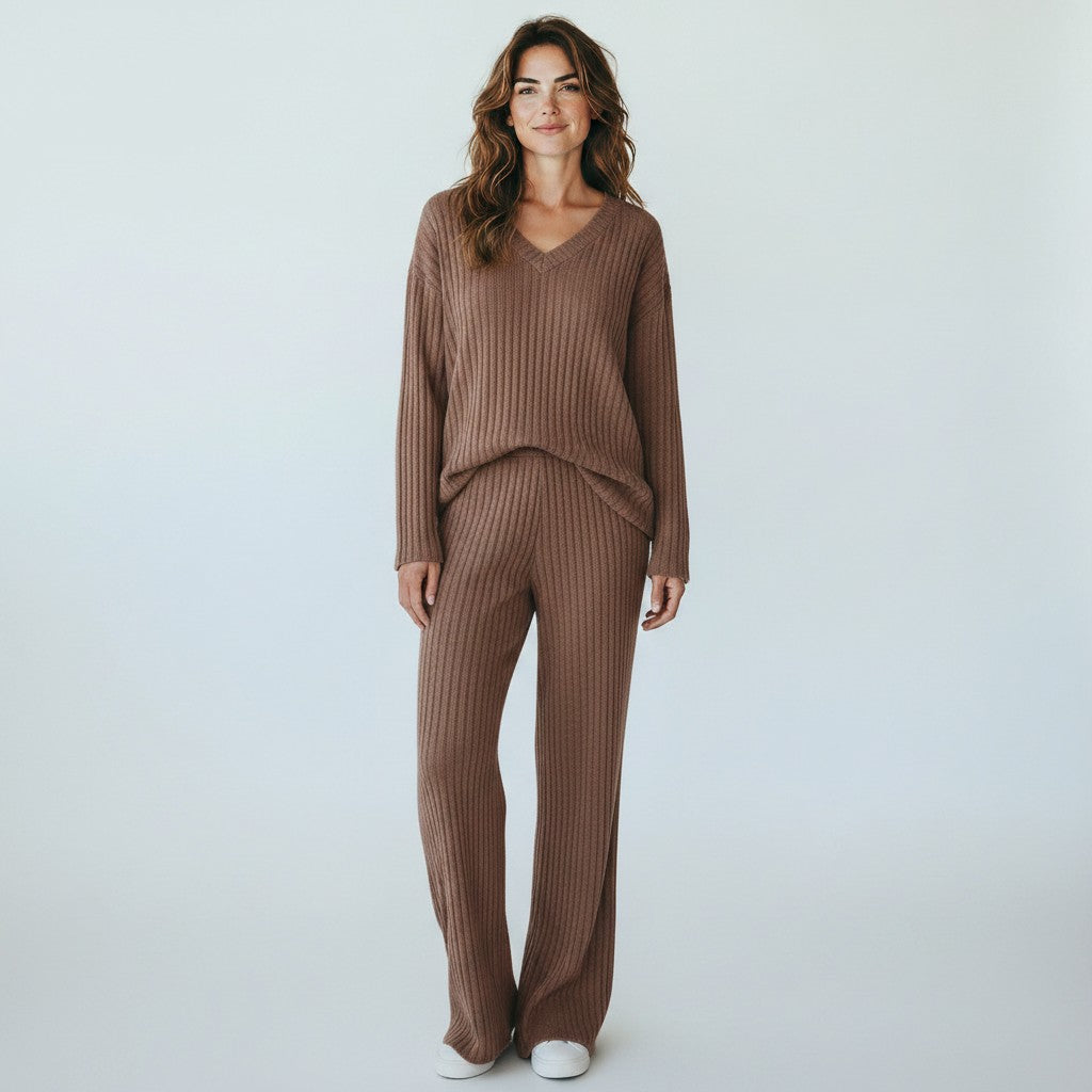 Komfortowy Dwuczęściowy Zestaw Loungewear Damski – Prążkowany Dres