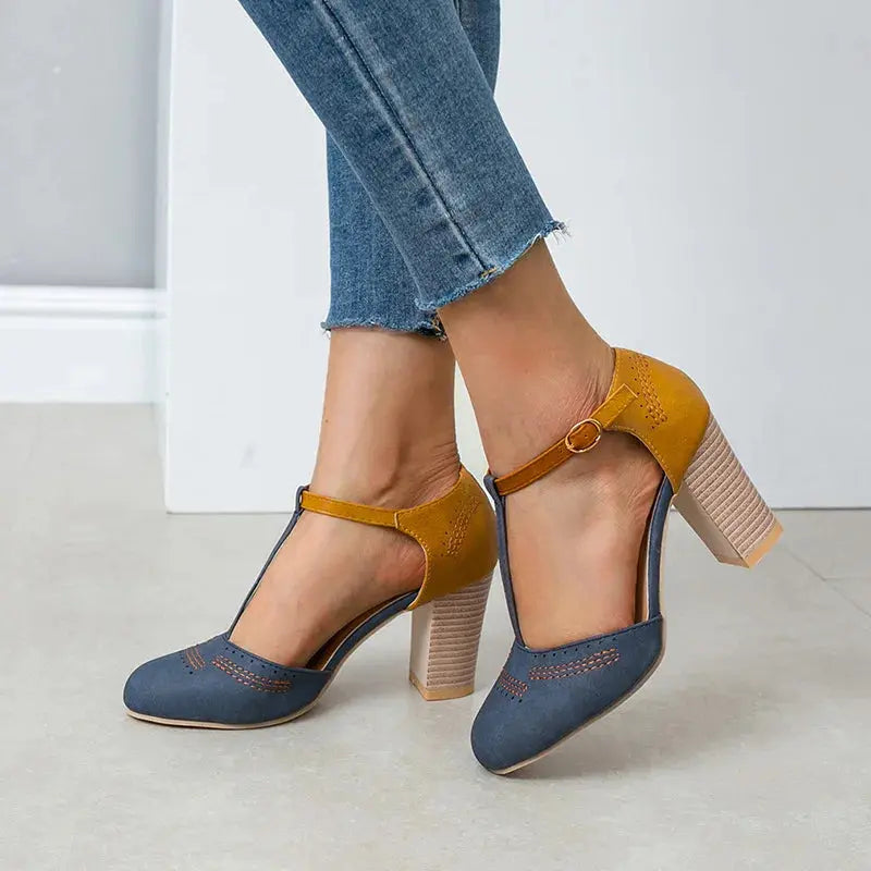 Pumps Damskie Blokowy Obcas T-rem Dwukolorowe Retro Casual