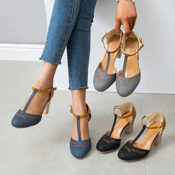 Pumps Damskie Blokowy Obcas T-rem Dwukolorowe Retro Casual