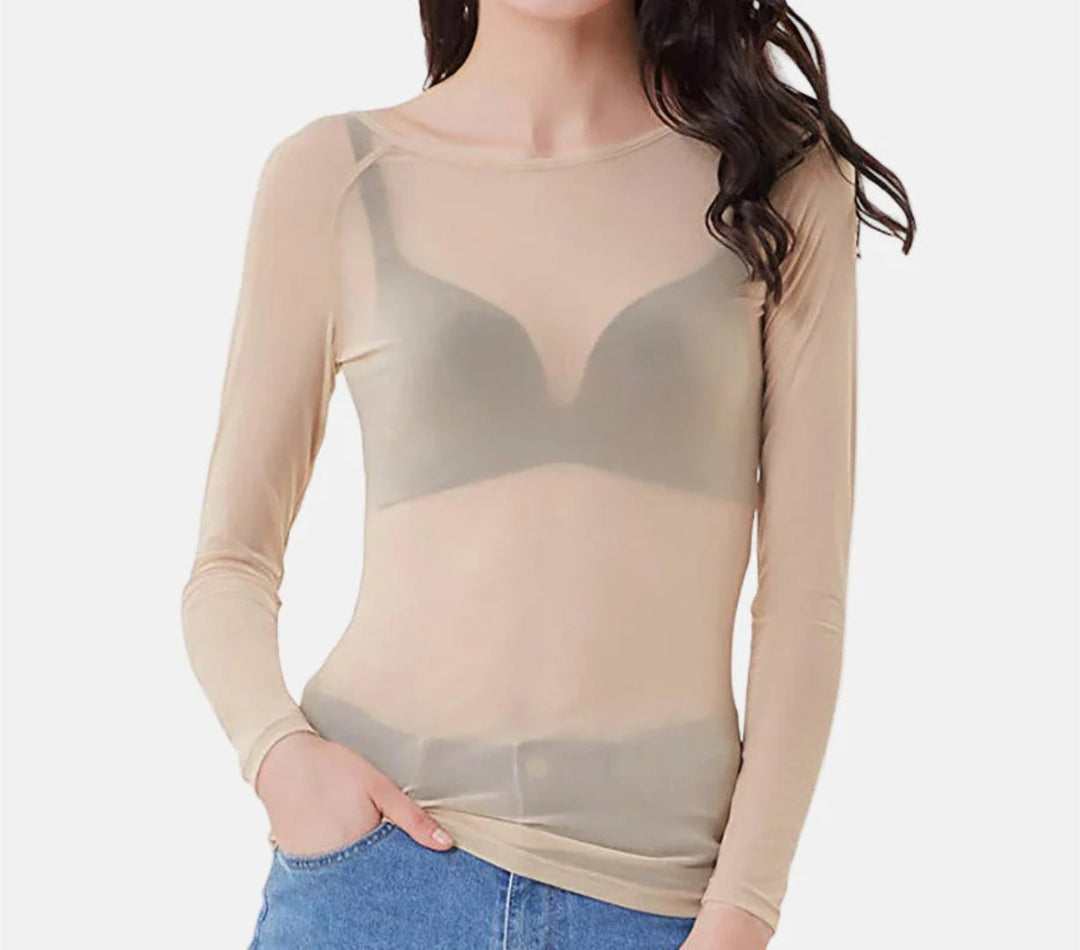 Dopasowany Crop Top z Siateczki z Długimi Rękawami