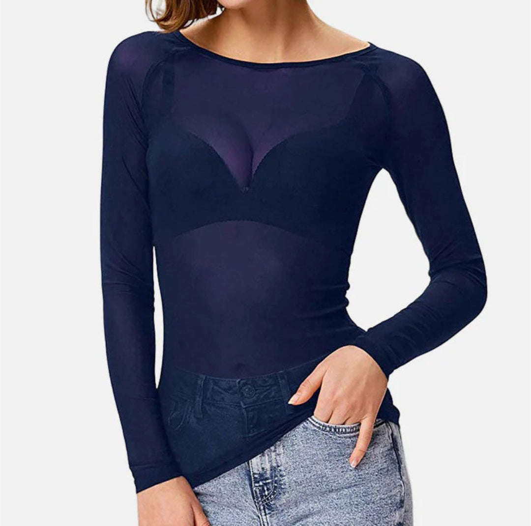 Dopasowany Crop Top z Siateczki z Długimi Rękawami