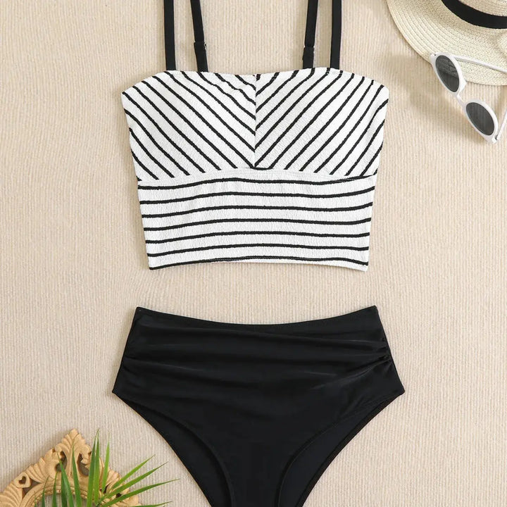 Bikini Damskie z Wysokim Stanem – Paski Slim Fit