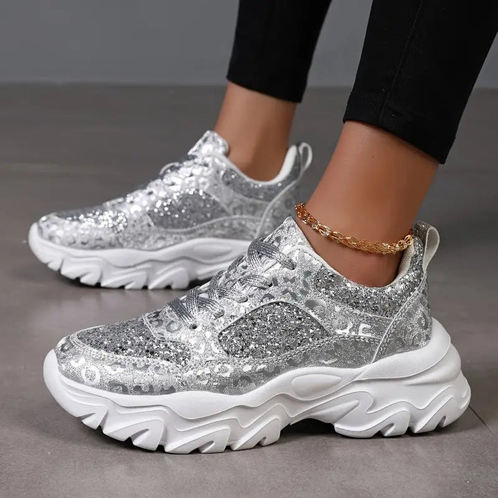 Chunky Sneakers W Srebrnym Wykończeniu z Brokatem i Grubą Podeszwą