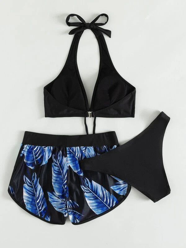 Trzyczęściowy Bikini z Halter Topem i Dopasowanymi Szortami
