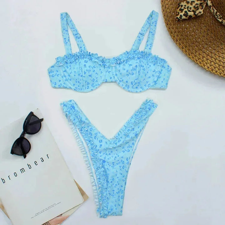 Bikini Damskie z Falbanami w Wzory i Dopasowanym Dołem