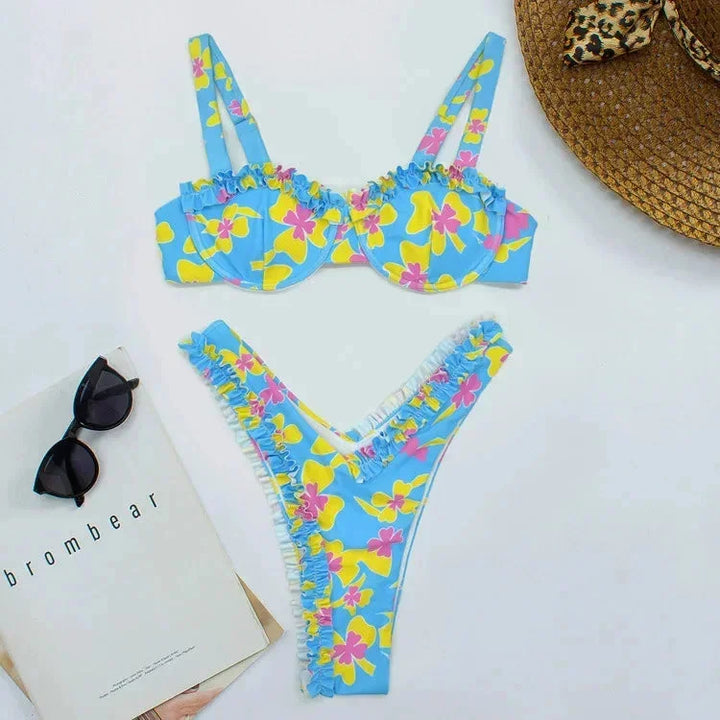Bikini Damskie z Falbanami w Wzory i Dopasowanym Dołem