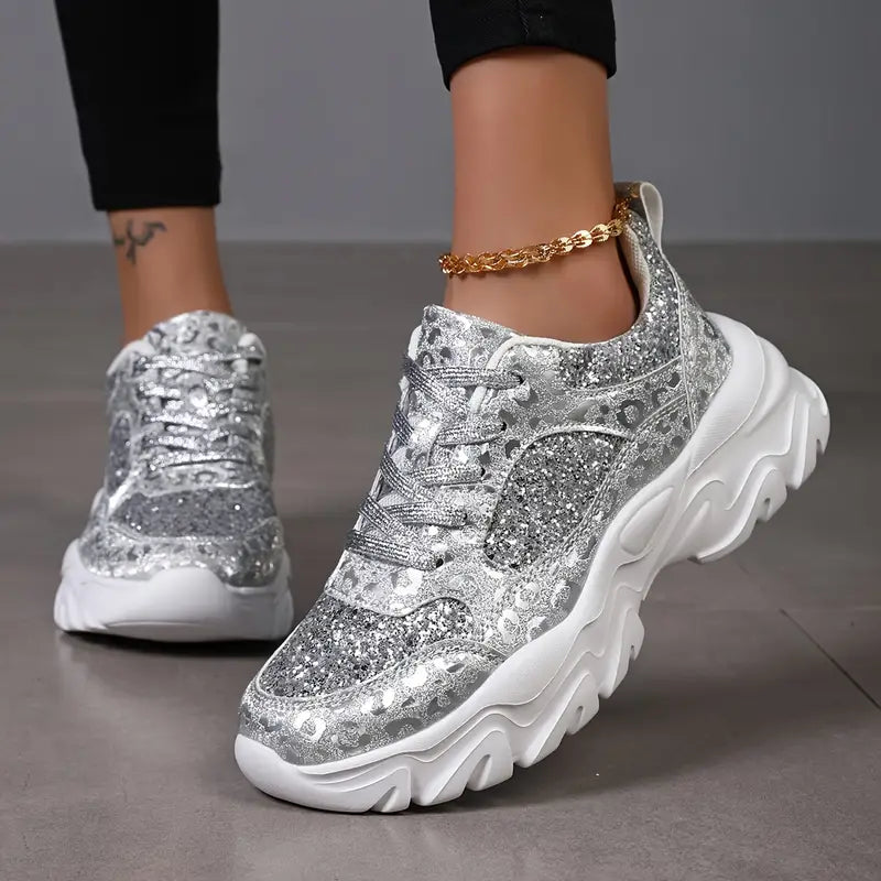 Chunky Sneakers W Srebrnym Wykończeniu z Brokatem i Grubą Podeszwą