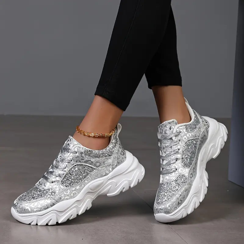 Chunky Sneakers W Srebrnym Wykończeniu z Brokatem i Grubą Podeszwą
