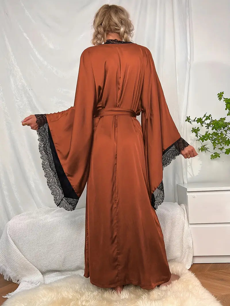 Kimono Długie Damskie Koronkowe z Paskiem w Talii i Szerokimi Rękawami