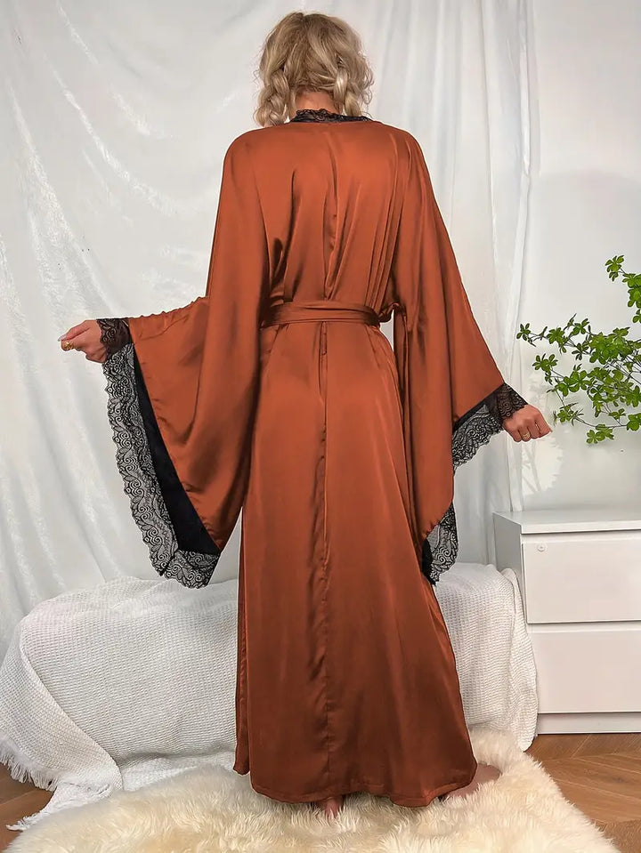 Kimono Długie Damskie Koronkowe z Paskiem w Talii i Szerokimi Rękawami