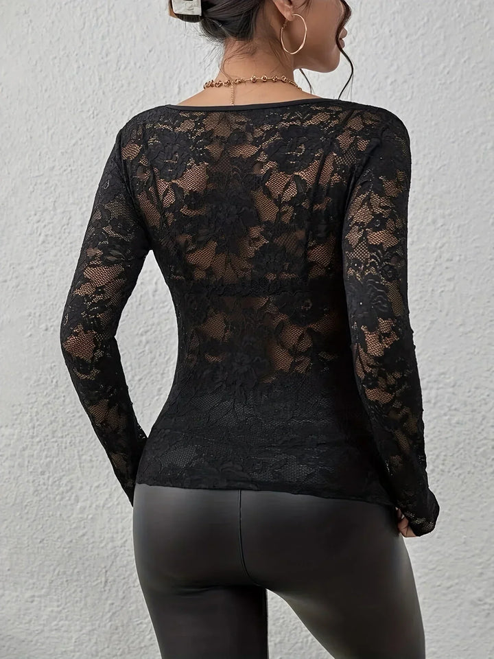 Bluzka Damska Elegancka z Koronką Długie Rękawy Dekolt w Serek