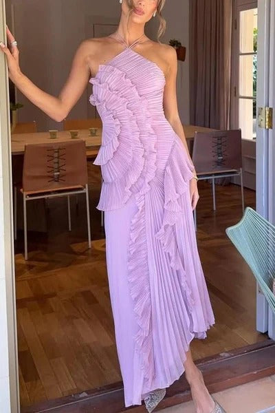 Sukienka Maxi Swirl dla Kobiet – Zawiązywany Tył i Falbany na Ślub
