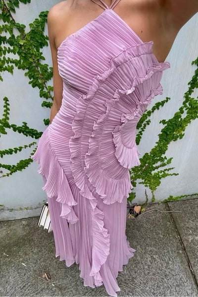 Sukienka Maxi Swirl dla Kobiet – Zawiązywany Tył i Falbany na Ślub