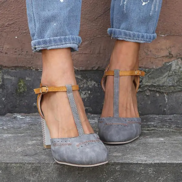Pumps Damskie Blokowy Obcas T-rem Dwukolorowe Retro Casual