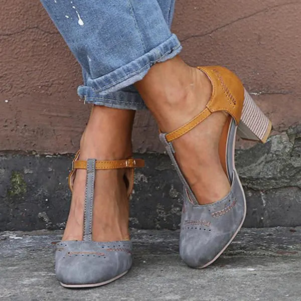 Pumps Damskie Blokowy Obcas T-rem Dwukolorowe Retro Casual
