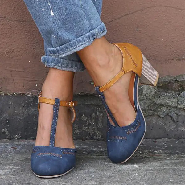 Pumps Damskie Blokowy Obcas T-rem Dwukolorowe Retro Casual
