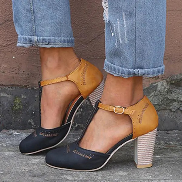 Pumps Damskie Blokowy Obcas T-rem Dwukolorowe Retro Casual