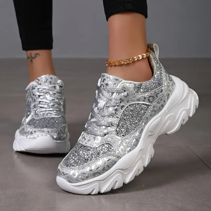 Chunky Sneakers W Srebrnym Wykończeniu z Brokatem i Grubą Podeszwą